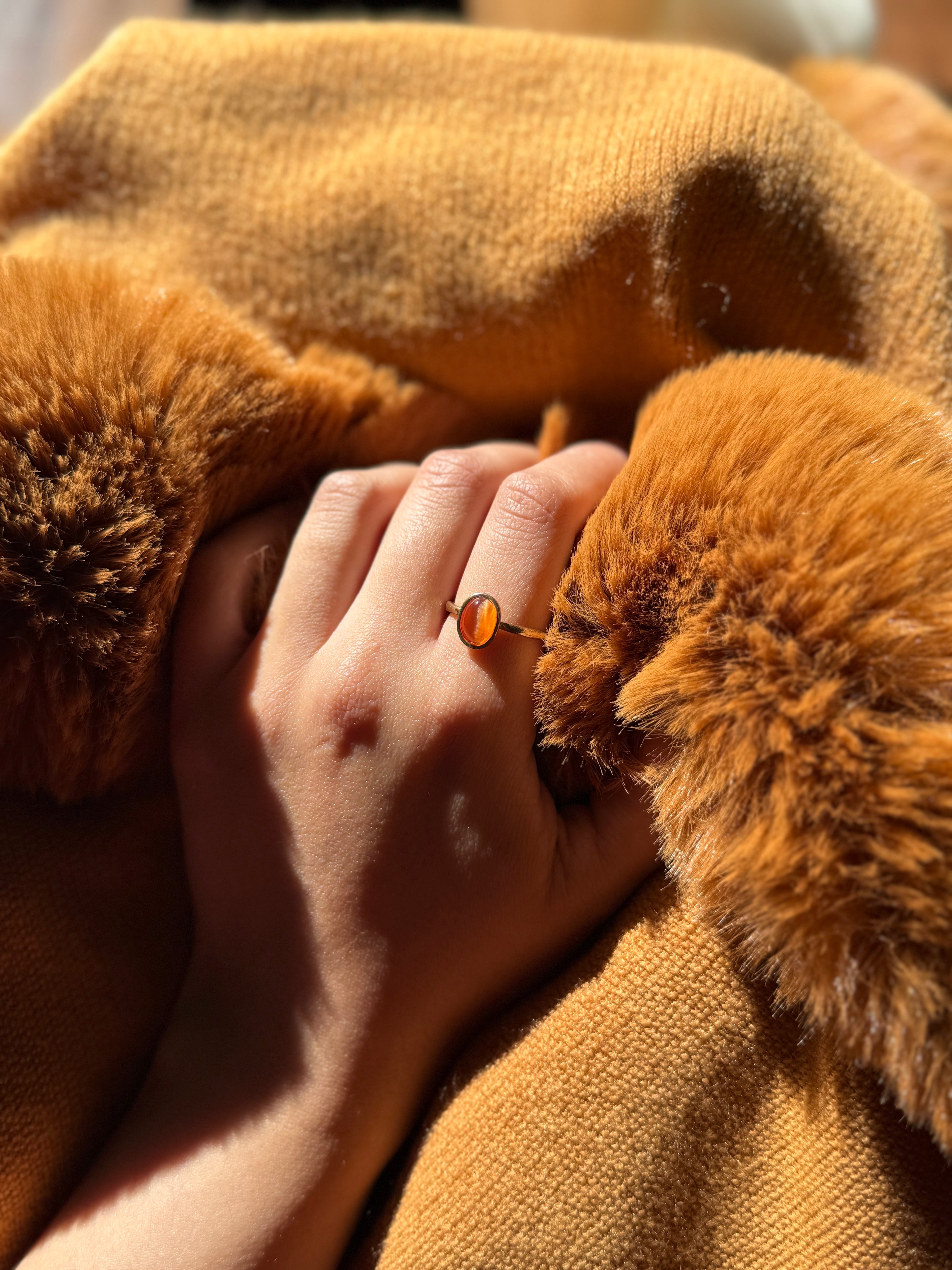Hand wearing a ring with a red stone, resting on a fluffy brown surface.